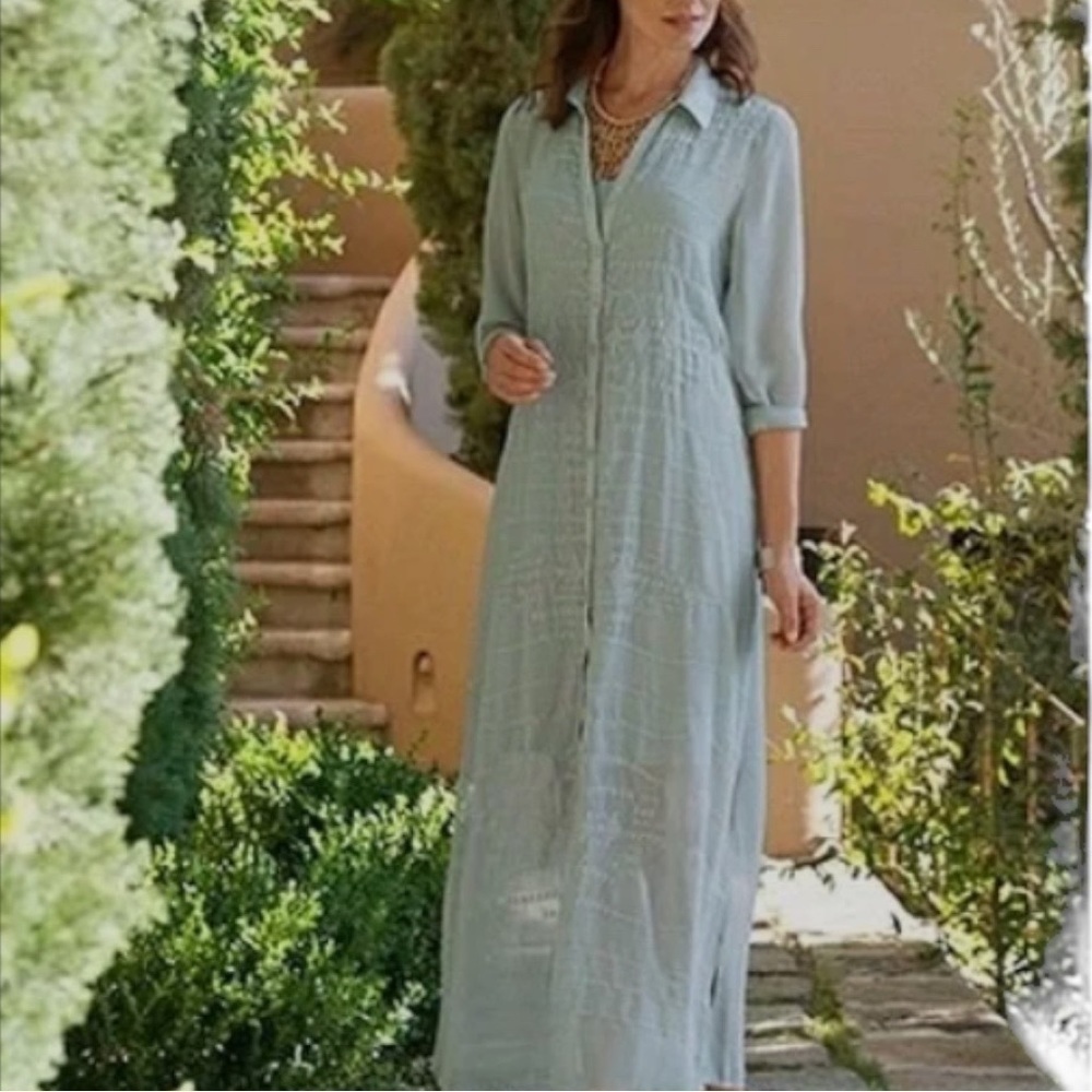 Soft Surroundings Blue Sheer Lace Long Sleeve Tie Belted Maxi Embroidered Dress - Picture 8 of 8